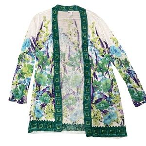Chicos Brooke Cardigan Women Sz 2 L Botanical Watercolor Art To Wear Duster
